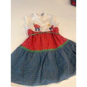 Vintage Nannette Toddler Dress With Embroidered Mushrooms Red & Blue Floral Skir